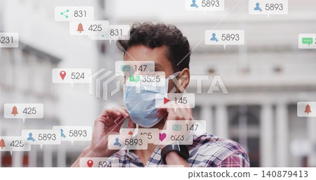 Fixing Hispanic man adjusting mask before columns, wearing plaid shirt and smartwatch, social icons Fixing Hispanic man adjusting mask before columns, wearing plaid shirt and smartwatch, social icons 140879413