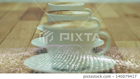Showing three white coffee cups with saucers receding on cafe table, frothy crema, numeric overlay Showing three white coffee cups with saucers receding on cafe table, frothy crema, numeric overlay 140879417