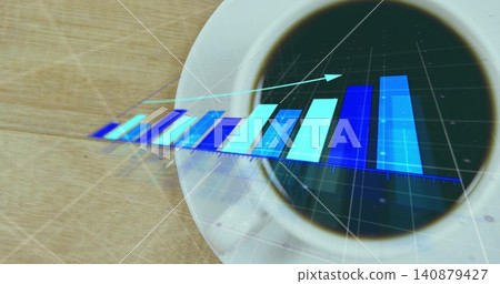 Showing white cup projecting AR bar chart with upward arrow on wooden table, copy space Showing white cup projecting AR bar chart with upward arrow on wooden table, copy space 140879427