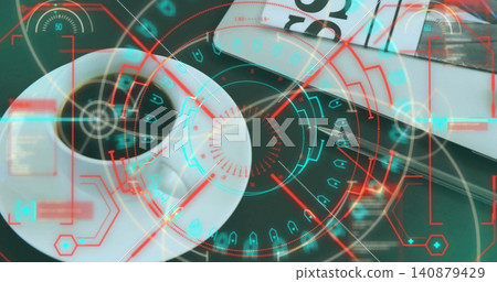 Holding white ceramic coffee cup on saucer on dark tabletop, with teaspoon, HUD overlay, copy space 140879429