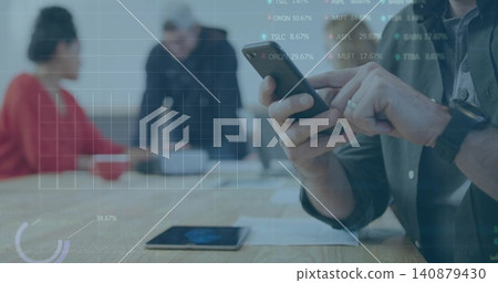 Tapping dark-shirted man checking smartphone at wooden table, with tablet papers charts, copy space Tapping dark-shirted man checking smartphone at wooden table, with tablet papers charts, copy space 140879430