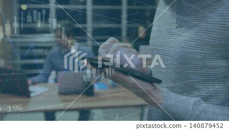 Tapping phone, analyst in grey ribbed-top analyzing market data at desk with laptops, copy space Tapping phone, analyst in grey ribbed-top analyzing market data at desk with laptops, copy space 140879452