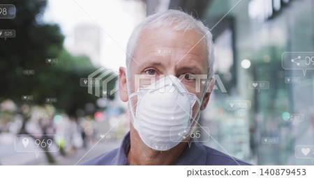 Standing man wearing N95 mask, collared shirt facing camera at city street, with digital overlays Standing man wearing N95 mask, collared shirt facing camera at city street, with digital overlays 140879453
