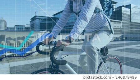 Riding cyclist in striped shirt leaning over bars on roof, with white bike and graph overlay Riding cyclist in striped shirt leaning over bars on roof, with white bike and graph overlay 140879489