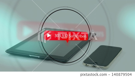 Displaying centered red callout reading 303,912 Subscribers on studio desk, tablet left phone right 140879504
