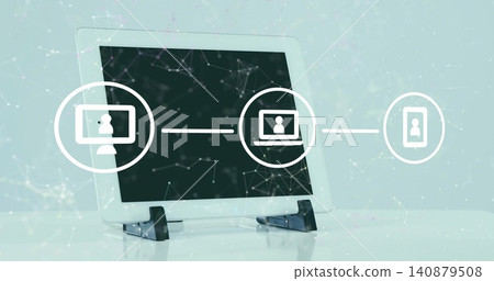 Displaying white tablet on black stand on glossy tabletop, showing circular icons, network nodes 140879508