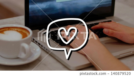 Pair of bare forearms typing on silver laptop keyboard at cafe table, cappuccino and heart graphic Pair of bare forearms typing on silver laptop keyboard at cafe table, cappuccino and heart graphic 140879520