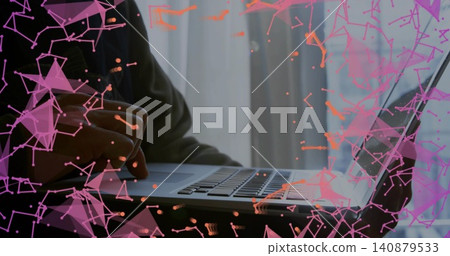 Typing mature woman in dark top using laptop at home, hands typing, sheers, pink-purple overlay Typing mature woman in dark top using laptop at home, hands typing, sheers, pink-purple overlay 140879533