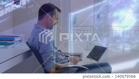 Working man wearing checked shirt and jeans typing on laptop at home office, with digital overlay Working man wearing checked shirt and jeans typing on laptop at home office, with digital overlay 140879566