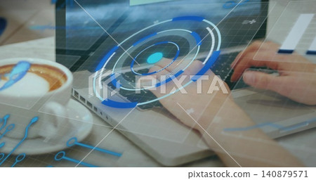 Typing hands pressing keys and using trackpad at cafe table, showing laptop, latte with blue HUD Typing hands pressing keys and using trackpad at cafe table, showing laptop, latte with blue HUD 140879571