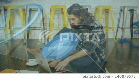 Typing man in plaid shirt and jeans, sitting on concrete at coworking with laptop, AR overlays Typing man in plaid shirt and jeans, sitting on concrete at coworking with laptop, AR overlays 140879575