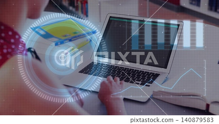 Typing teenage girl wearing red polka-dot top using silver laptop at desk, HUD overlays, copy space Typing teenage girl wearing red polka-dot top using silver laptop at desk, HUD overlays, copy space 140879583