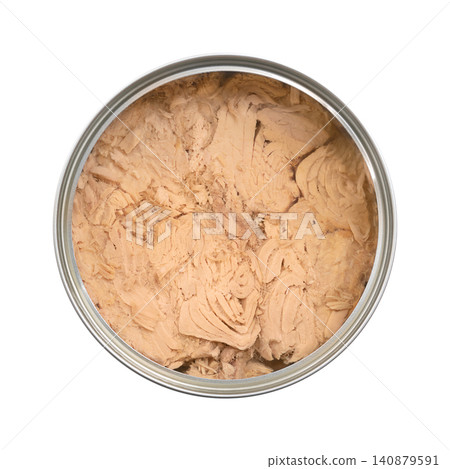 Canned skipjack tuna fillets in sunflower oil, in an open can, isolated from above. Cut fillets of katsuo, striped tuna, oceanic or arctic bonito, Katsuwonus pelamis, submerged in sunflower oil. Photo Canned skipjack tuna fillets in sunflower oil, in an open can, isolated from above. Cut fillets of katsuo, striped tuna, oceanic or arctic bonito, Katsuwonus pelamis, submerged in sunflower oil. Photo 140879591