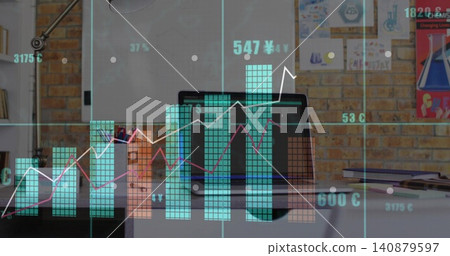 Displaying open laptop on desk in office, projecting teal bar charts and magenta line graphs Displaying open laptop on desk in office, projecting teal bar charts and magenta line graphs 140879597