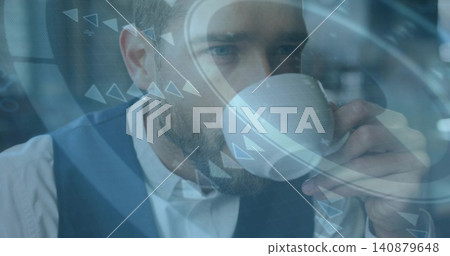 Drinking man in collared-shirt, dark-vest with glass reflections, holding cup with hands and HUD Drinking man in collared-shirt, dark-vest with glass reflections, holding cup with hands and HUD 140879648