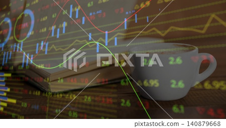 Showing white ceramic cup sitting on right wood desk, notebook with market-data overlay, copy space Showing white ceramic cup sitting on right wood desk, notebook with market-data overlay, copy space 140879668