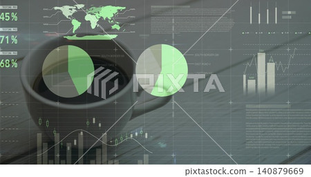Sitting dark ceramic coffee cup centered on wooden desk, displaying faint pie charts and bar charts Sitting dark ceramic coffee cup centered on wooden desk, displaying faint pie charts and bar charts 140879669