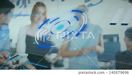 Holding smartphone, man operating AR circular HUD at modern office, team in business attire 140879696