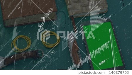 Displaying phone green-screen showing 2020 chart on teal desk, watch knife overlay, copy space Displaying phone green-screen showing 2020 chart on teal desk, watch knife overlay, copy space 140879703
