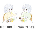 Two senior women enjoying a conversation while having lunch out. 140879734