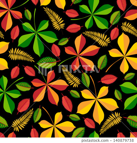 Colorful autumn leaves, black background. Seamless floral pattern-141. Colorful autumn leaves, black background. Seamless floral pattern-141. 140879738