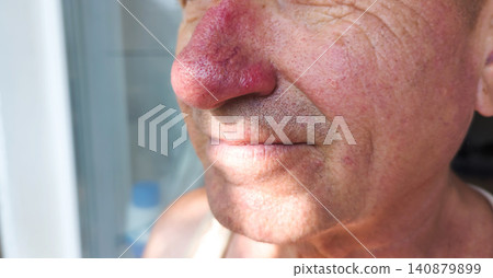 Close up view of a mature man face with phymatous rosacea and rhinophyma skin condition. Dermatological skin disease concept showing bulbous nose and facial redness. Close up view of a mature man face with phymatous rosacea and rhinophyma skin condition. Dermatological skin disease concept showing bulbous nose and facial redness. 140879899