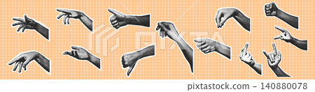 Hand Gesture Collection Halftone Set Orange Background Hand Gesture Collection Halftone Set Orange Background 140880078
