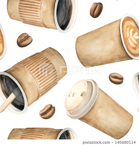 A seamless watercolor pattern featuring various coffee drinks and beans. Cappuccino, Americano, latte, and coffee to go are all hand-drawn. Perfect for a cafe or coffee shop, as well as for print. A seamless watercolor pattern featuring various coffee drinks and beans. Cappuccino, Americano, latte, and coffee to go are all hand-drawn. Perfect for a cafe or coffee shop, as well as for print. 140880114