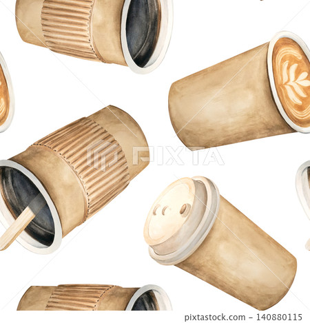 A seamless watercolor pattern featuring various coffee drinks. Cappuccino, Americano, latte, and coffee to go are hand-drawn on a white background. Perfect for a cafe or coffee shop, as well as for pr A seamless watercolor pattern featuring various coffee drinks. Cappuccino, Americano, latte, and coffee to go are hand-drawn on a white background. Perfect for a cafe or coffee shop, as well as for pr 140880115