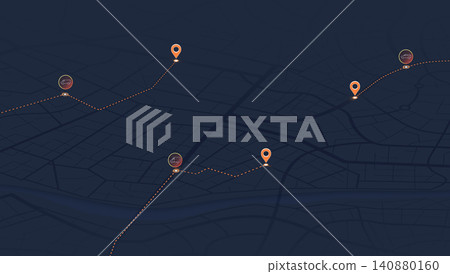 Dark city map with vehicle tracking pins and dashed routes connecting multiple transport locations Dark city map with vehicle tracking pins and dashed routes connecting multiple transport locations 140880160