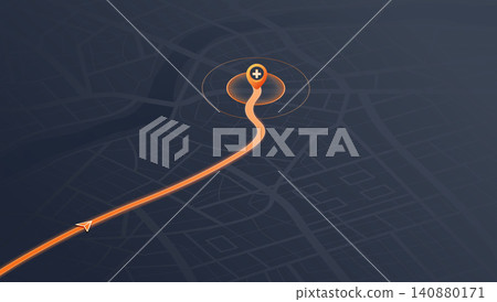Isometric dark city map with bright orange route leading to glowing destination pin marker 140880171
