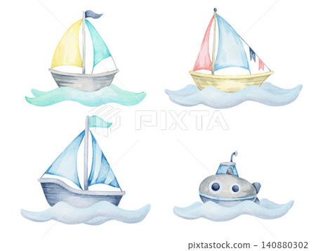 Blue and yellow sailboats, pink sailboat and gray submarine, watercolor clipart collection for nursery decor, educational resources, greeting cards, stickers and baby merchandise. Blue and yellow sailboats, pink sailboat and gray submarine, watercolor clipart collection for nursery decor, educational resources, greeting cards, stickers and baby merchandise. 140880302