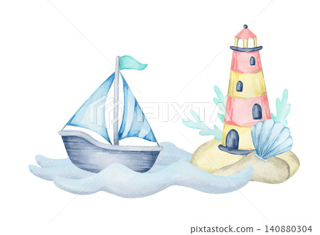 Blue sailboat, pink lighthouse and soft aqua waves, watercolor clipart for nursery wall art, baby shower stationery, greeting cards, childrens decor products, labels and coastal branding Blue sailboat, pink lighthouse and soft aqua waves, watercolor clipart for nursery wall art, baby shower stationery, greeting cards, childrens decor products, labels and coastal branding 140880304