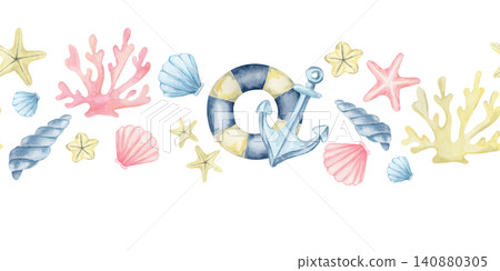 Striped lifebuoy, blue anchor, pink coral, yellow coral, seashells and starfish, watercolor clipart seamless border suitable for nursery stationery, gift wrap, stickers, branding and merchandise. Striped lifebuoy, blue anchor, pink coral, yellow coral, seashells and starfish, watercolor clipart seamless border suitable for nursery stationery, gift wrap, stickers, branding and merchandise. 140880305