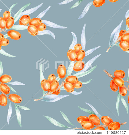 Orange seaberries with soft blue-green leaves on a dusty blue background, watercolor illustration created for fabric prints, home decor products, packaging, and stationery collections Orange seaberries with soft blue-green leaves on a dusty blue background, watercolor illustration created for fabric prints, home decor products, packaging, and stationery collections 140880317