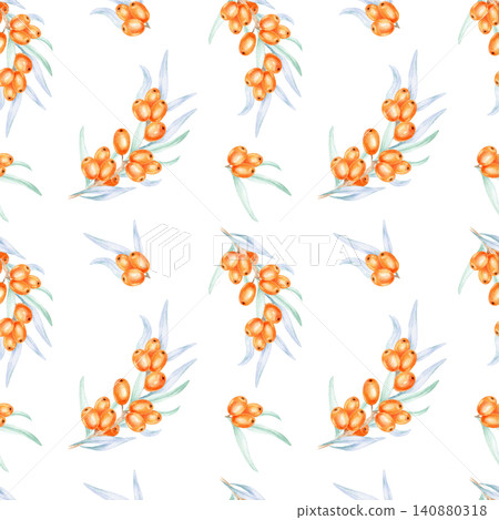 Orange sea buckthorn berries and pale blue-green leaves in a seamless repeat, watercolor illustration suitable for fabric printing, wrapping paper, wallpaper, packaging, and textile products 140880318