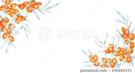 Orange sea buckthorn berries and soft blue-green leaves in opposite corners, watercolor clipart for packaging, product labels, website headers, greeting cards, stationery, and branding designs Orange sea buckthorn berries and soft blue-green leaves in opposite corners, watercolor clipart for packaging, product labels, website headers, greeting cards, stationery, and branding designs 140880331