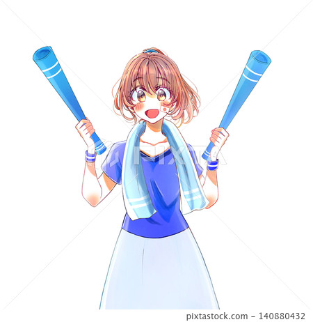 A cheerful-looking woman in a blue uniform, holding a megaphone in both hands. A cheerful-looking woman in a blue uniform, holding a megaphone in both hands. 140880432