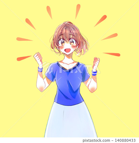 A woman in a blue uniform with a bright expression making fists with both hands A woman in a blue uniform with a bright expression making fists with both hands 140880433