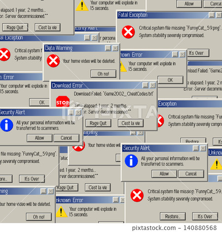 Overlapping chaotic funny pixel error windows collage, vector pixel art Overlapping chaotic funny pixel error windows collage, vector pixel art 140880568