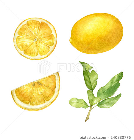 Set with lemon, whole, slices with pulp and leaves. Watercolor illustration of citrus fruits. Sour fruit. Part of a fruit tree. Suitable for kitchen decor, fabrics, posters, books, food labels. Set with lemon, whole, slices with pulp and leaves. Watercolor illustration of citrus fruits. Sour fruit. Part of a fruit tree. Suitable for kitchen decor, fabrics, posters, books, food labels. 140880776