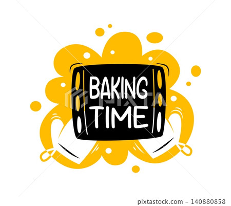 Baking time icon with kitchen cooking glove mittens and oven plate for bakery cook. Baking time quote for cooking school, gourmet cuisine bakery or patisserie fast food menu emblem with kitchenware Baking time icon with kitchen cooking glove mittens and oven plate for bakery cook. Baking time quote for cooking school, gourmet cuisine bakery or patisserie fast food menu emblem with kitchenware 140880858