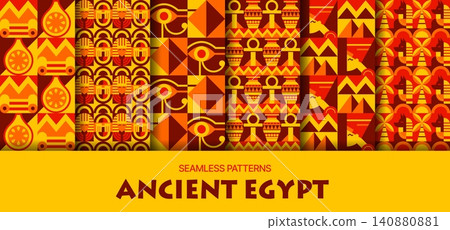 Ancient Egypt seamless patterns set with geometric ornament. Vibrant patterns with mosaic block pharaoh heads, Eye of Horus and pyramids. Yellow, orange, red and brown textures textile print Ancient Egypt seamless patterns set with geometric ornament. Vibrant patterns with mosaic block pharaoh heads, Eye of Horus and pyramids. Yellow, orange, red and brown textures textile print 140880881