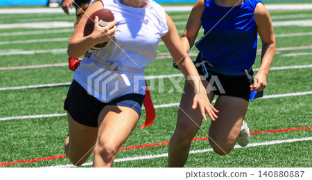 Exciting Moments at a Flag Football Game on a Sunny Day Exciting Moments at a Flag Football Game on a Sunny Day 140880887