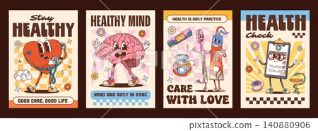 Medicine characters y2k groovy hippie health care posters with retro slogans. Stay healthy, healthy mind, health is daily practice, care with love and health check. Cartoon vector heart and brain Medicine characters y2k groovy hippie health care posters with retro slogans. Stay healthy, healthy mind, health is daily practice, care with love and health check. Cartoon vector heart and brain 140880906