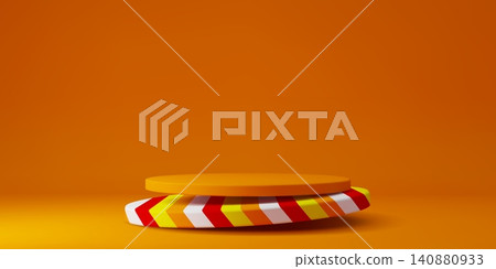 Thanksgiving podium stage stand with orange background and circular platform. Decorative base features chevron patterns in autumn colors for seasonal product display, celebration or promotional mockup Thanksgiving podium stage stand with orange background and circular platform. Decorative base features chevron patterns in autumn colors for seasonal product display, celebration or promotional mockup 140880933
