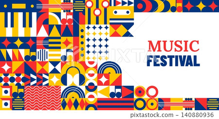 Music and sound production banner with geometric mosaic blocks pattern. Horizontal banner features sharp shapes, records, sound waves and grid layout. Red, blue and yellow ornament for music festival Music and sound production banner with geometric mosaic blocks pattern. Horizontal banner features sharp shapes, records, sound waves and grid layout. Red, blue and yellow ornament for music festival 140880936