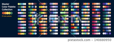 Neutral and vibrant color harmony palette swatches. Master color palette collection features multiple circular swatches organized in clean columns on dark background for creators and websites Neutral and vibrant color harmony palette swatches. Master color palette collection features multiple circular swatches organized in clean columns on dark background for creators and websites 140880950
