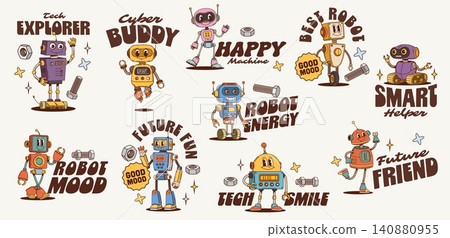 Robot y2k groovy stickers funky droid characters labels. Vector retro hippie set with playful typography, bolts, nuts and friendly smart futuristic cheerful cartoon cyborg personages with tech details 140880955