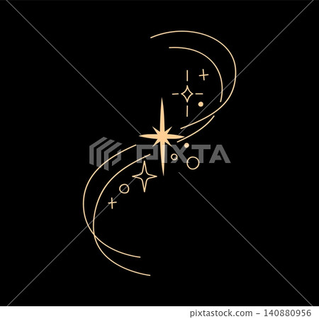Celestial golden star sparkles and twinkles with flowing swirls. Minimal boho star burst and flash with sparkles, small crosses, dots and circles for astrology brand identity, tarot card deck cover Celestial golden star sparkles and twinkles with flowing swirls. Minimal boho star burst and flash with sparkles, small crosses, dots and circles for astrology brand identity, tarot card deck cover 140880956